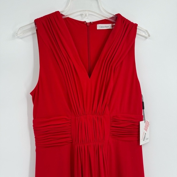 Calvin Klein NWT Dress Women Size 4 Red Sleeveless Ruched Front A-line Stretch - Picture 5 of 10